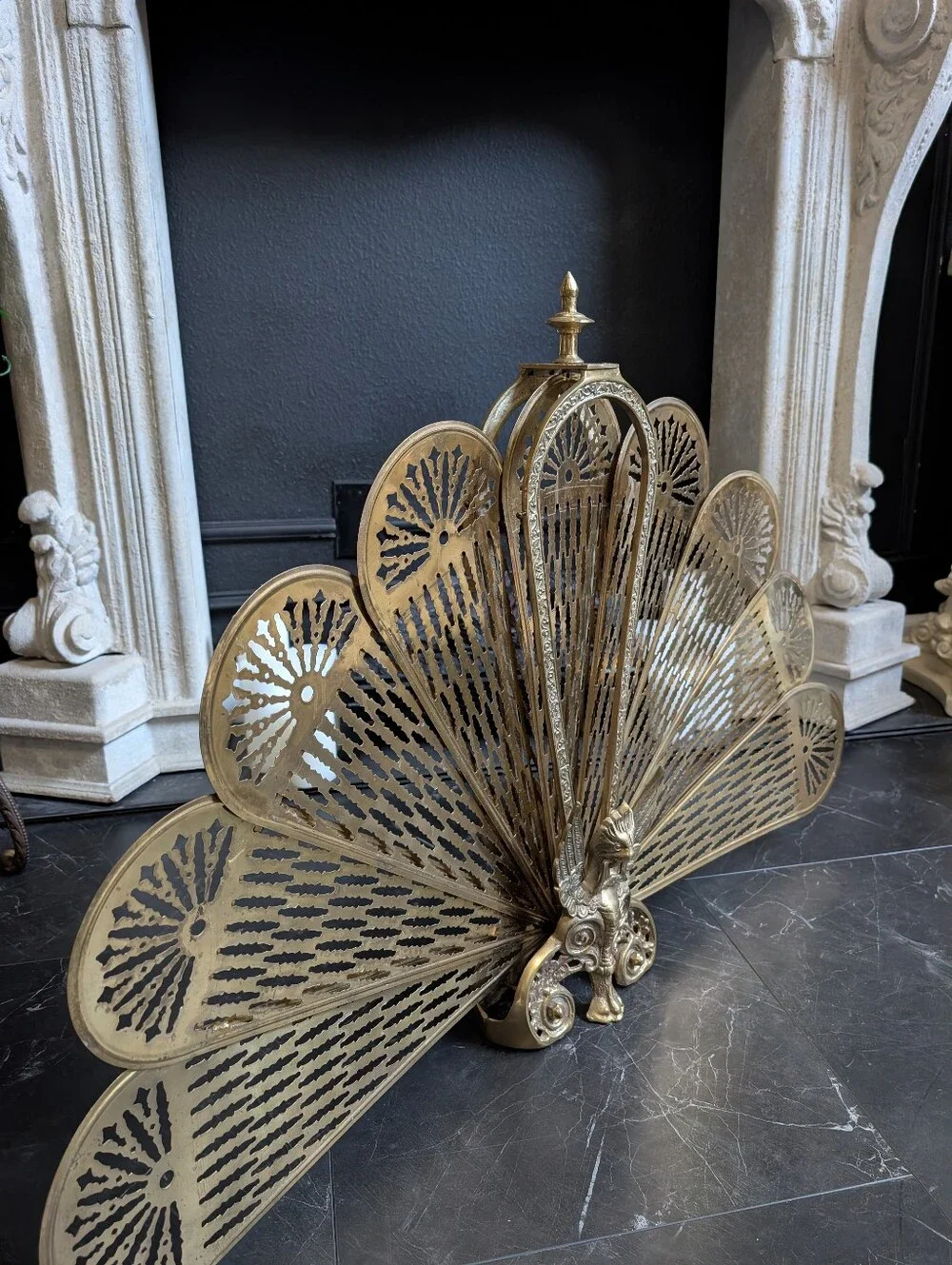 Vintage Solid Brass Griffon Peacock fireplace screener Art Deco Statement Decor